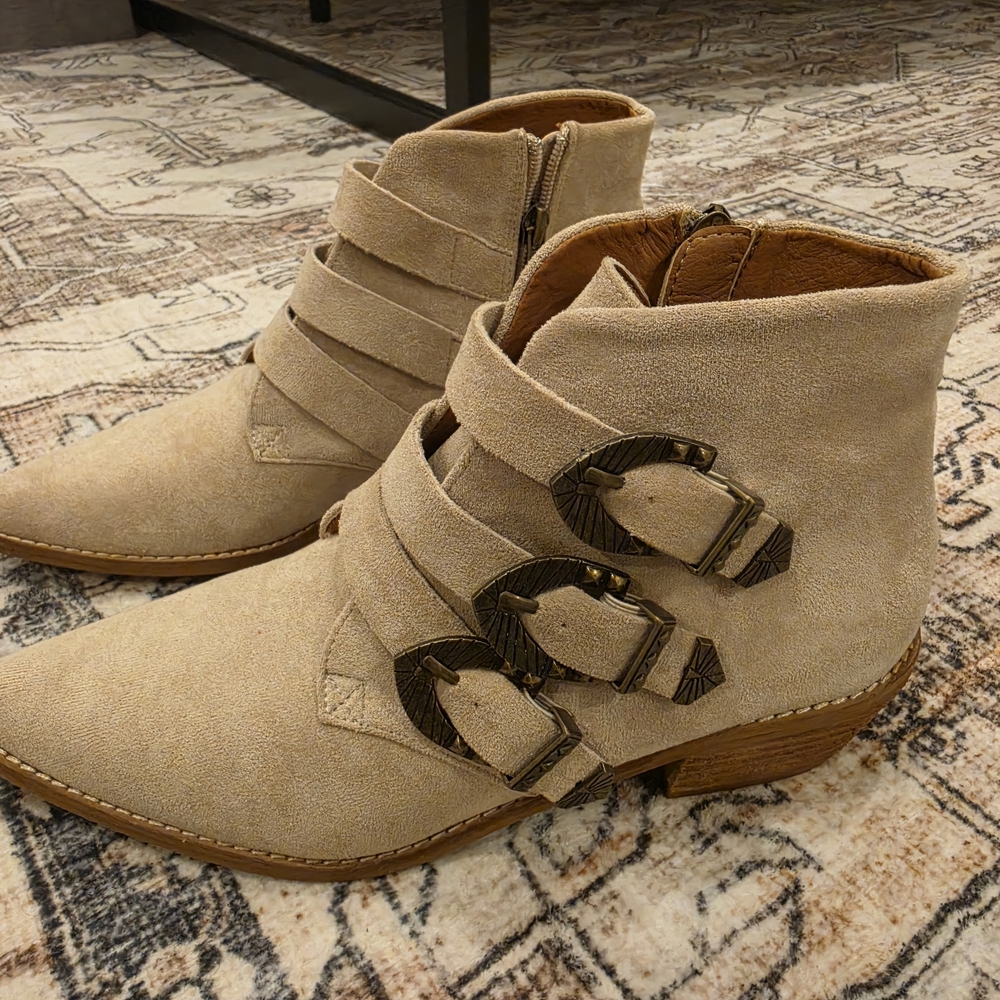 Women's Suede Ankle Boots with Triple Buckle - Tan